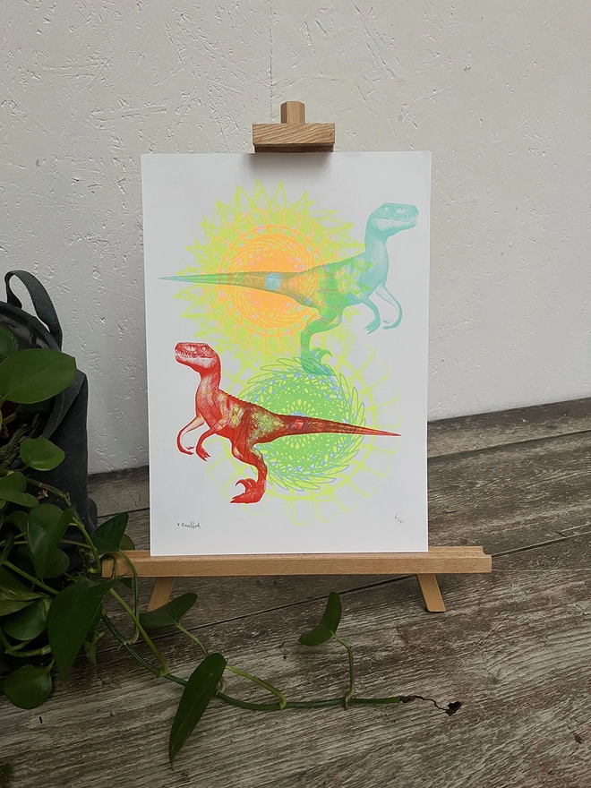 Psychedelic Raptor Rave - Screen Printed Dinosaur Poster - lifestyle shot