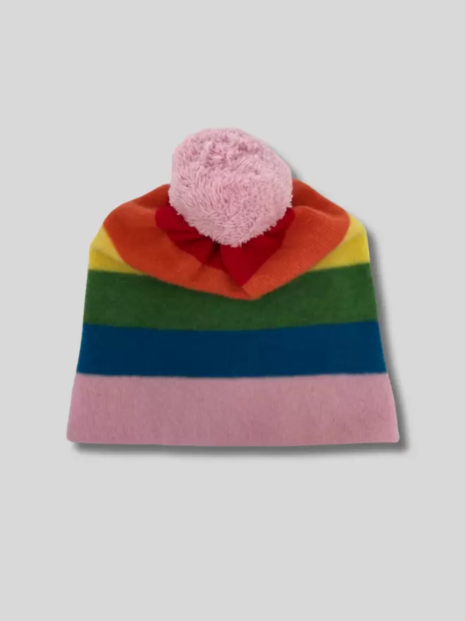 Rainbow striped knitted beanie hat laid flat