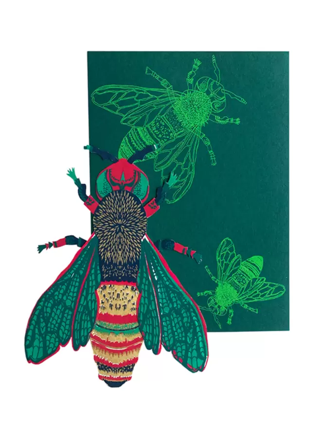 Full shot of image wasp card with matching green envelope with an insect motif