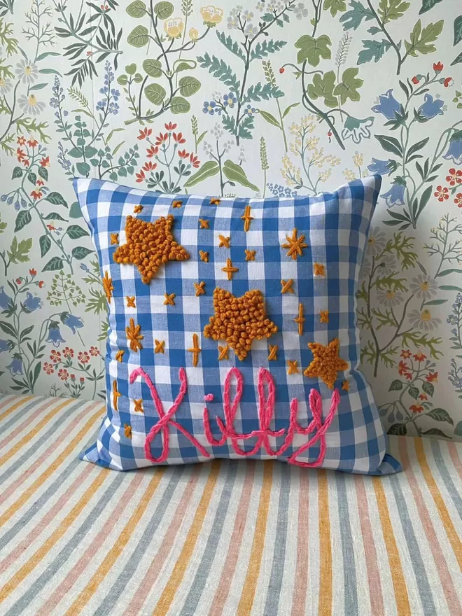 Gingham Sky Stars Cushion kids decor embroidery 