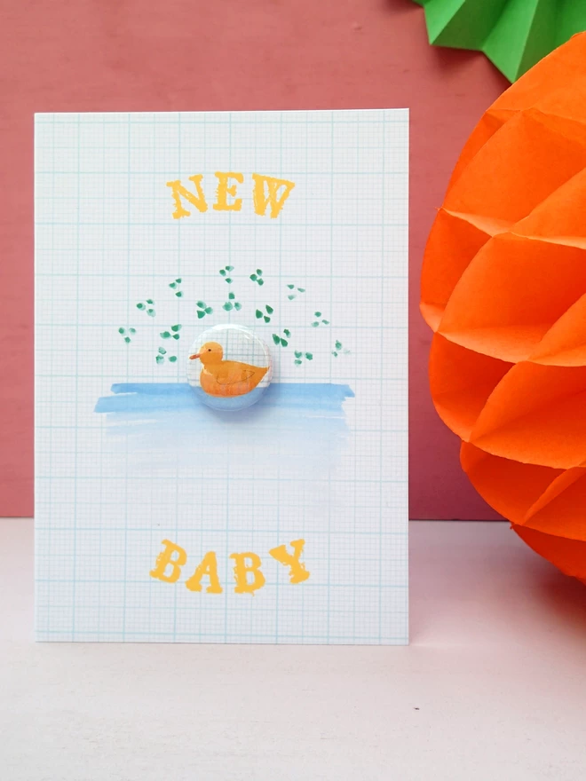 New baby duckling greeting card with pin badge