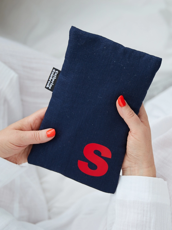 Navy linen cute hot water bottle with red letter