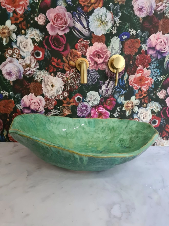 Green Ceramic Bathroom Basin, ensuite, WC, Sink, Crafted from stoneware clay, bathroom edit, bathroom furniture, bathroom decor, gold taps, floral wallpaper, homeware, Jenny Hopps Pottery, J.Hopps Pottery, J.H Pottery
