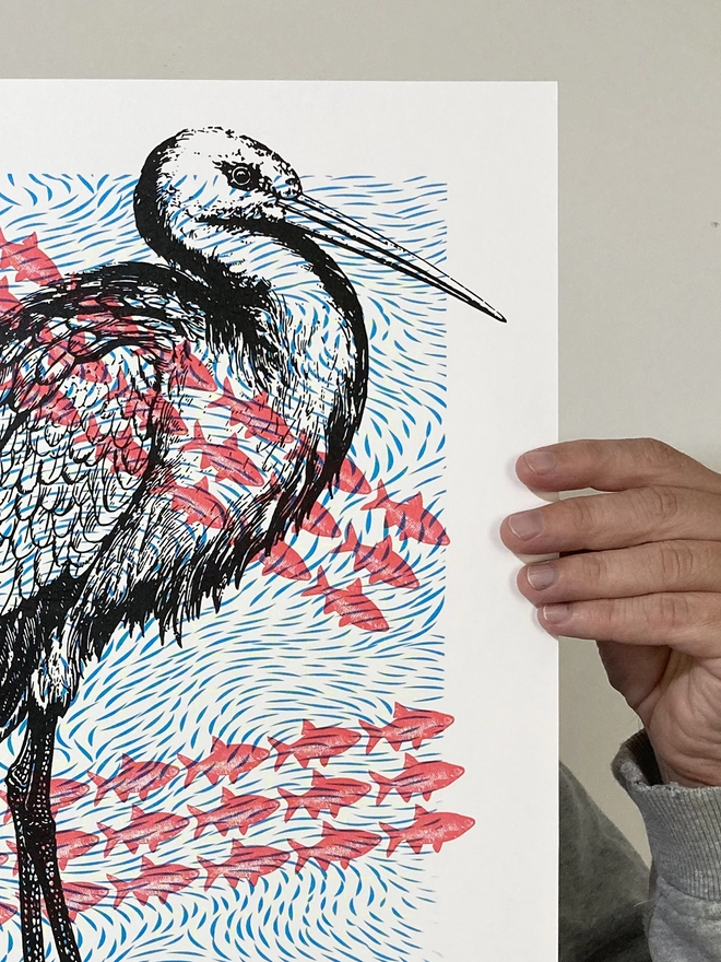 Stork By The River - Screen Printed Poster - right close up