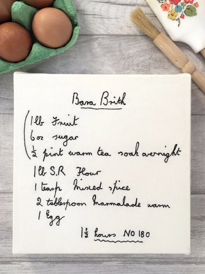 Personalised embroidered recipe on small square canvas