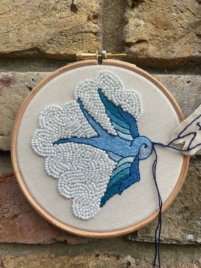 Embroidery Swallow with a beaded cloud