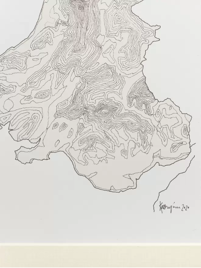 Print of a detailed pen and watercolour drawing of the map of Wales showing contour lines, in a soft white mount