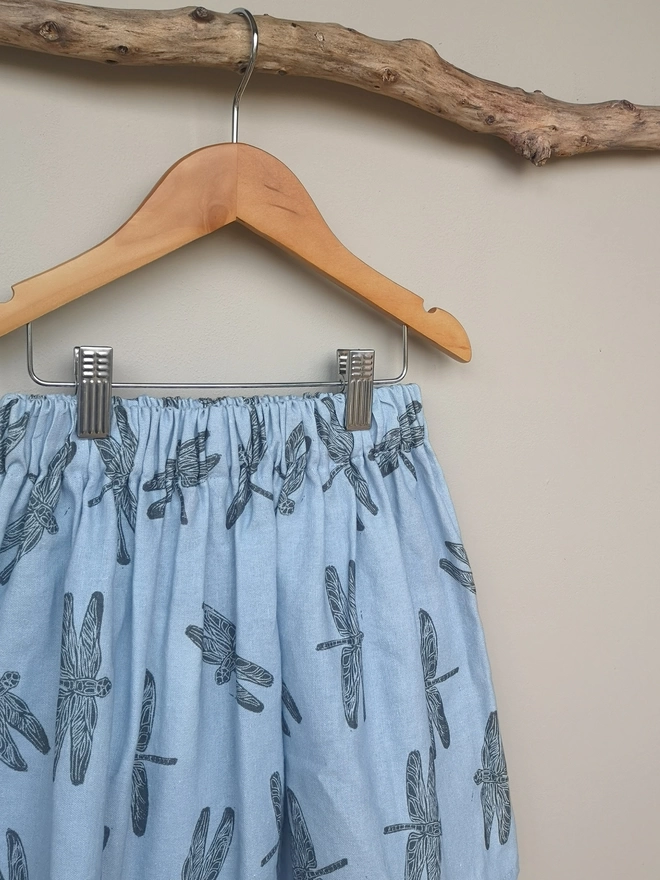 Girls Cotton Linen Blue Skirt. Grey Dragonfly Print with Elasticated Waist and Side Seam Pockets.