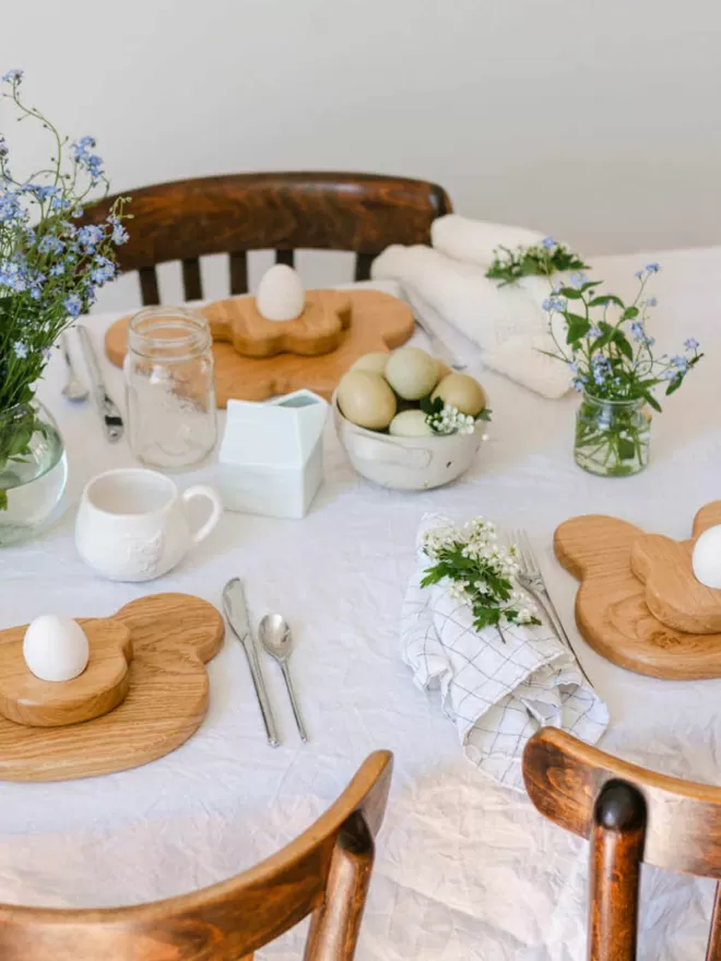 Wooden Bear Breakfast set with board and egg cup three set up places 