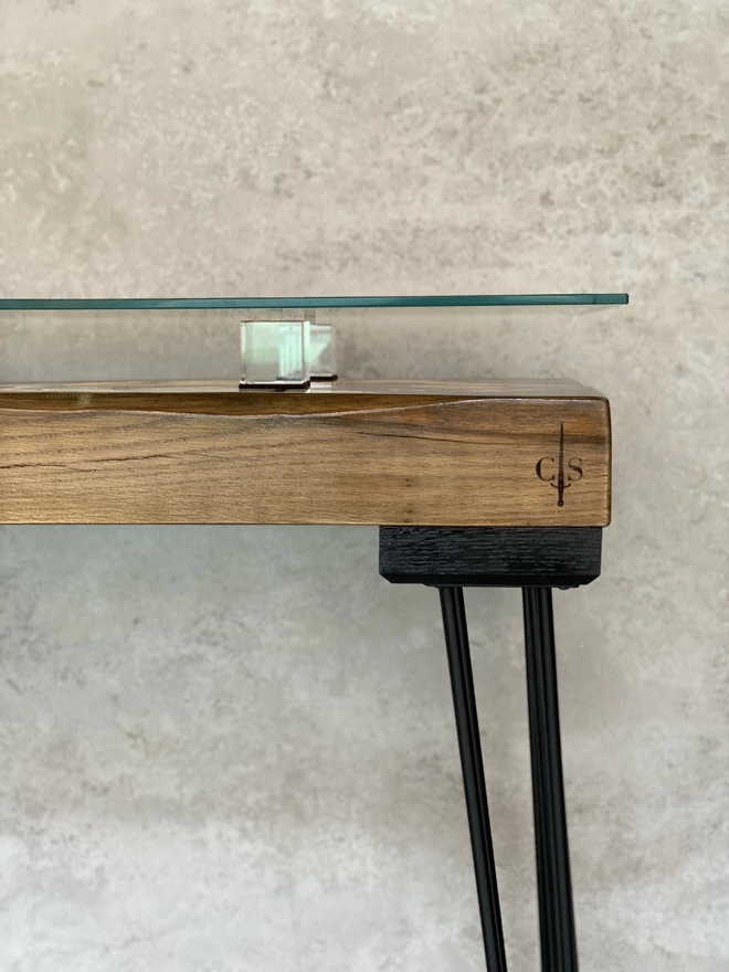 glass crystal block and oak console table