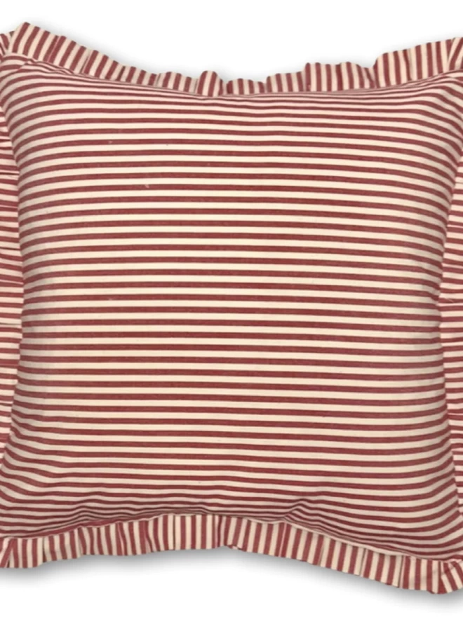 Red Candy Stripe cushion with frill 
