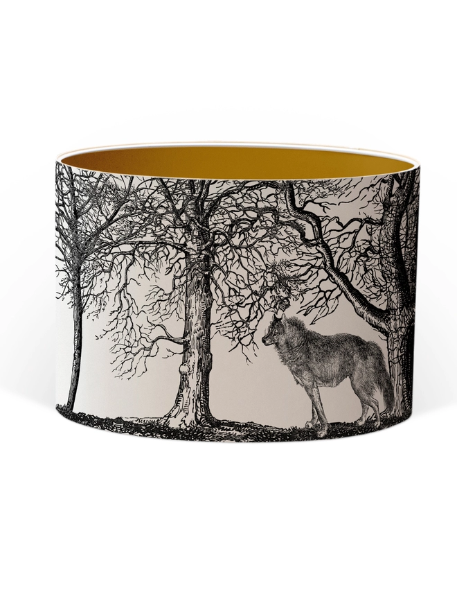 Drum Lampshade featuring Red Riding Hood with a Gold inner on a white background