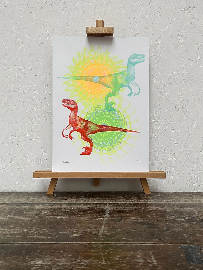 Psychedelic Raptor Rave - Screen Printed Dinosaur Poster - on an easel