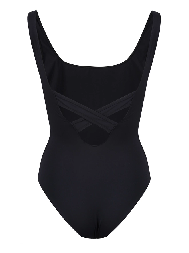 Back view of Davy J Sustainable Waterwear classic swimsuit with cross back, on white background