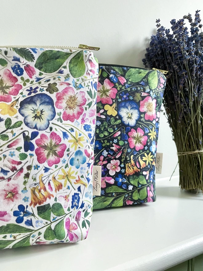 Beautiful Flower Print Wash Bags with Gold Zip and Waterproof Lining, Versatile, Unique Gift for Her