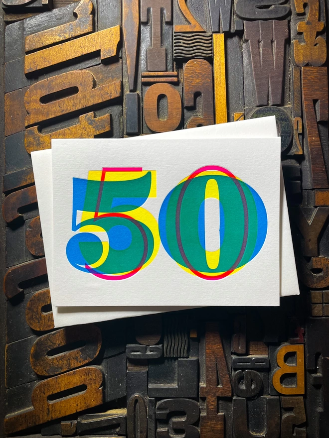 50th birthday anniversary typographic letterpress card. Deep impression print. Unique with no print being the same. They show slight colour variations adding to the style. Also available in other milestones : 1, 2, 3, 16, 18, 30, 40, 50, 60, 70, 80.