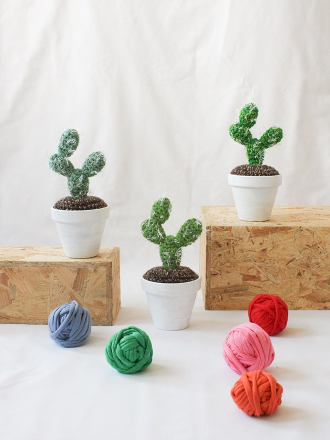 Handmade spiky crocheted cactus in terracotta pot