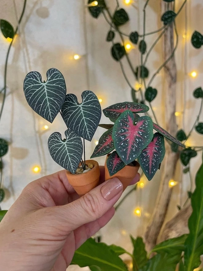 A miniature replica Anthurium Regale paper plant ornament in a terracotta pot held in a hand alongside a miniature Caladium Red Flash with real plants and fairy lights in the background