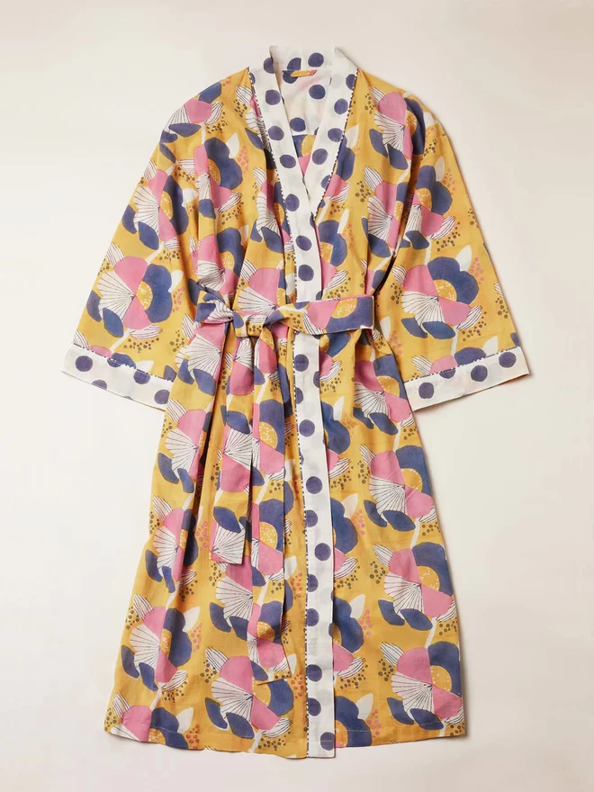 Yellow block printed robe in large scale navy, cream and pink floral design