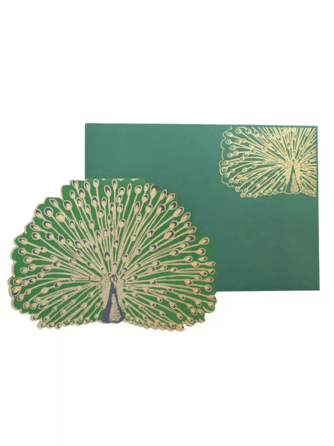 White cut-out shot: green and gold peacock with an peacock motif to create a truly luxurious and special card.