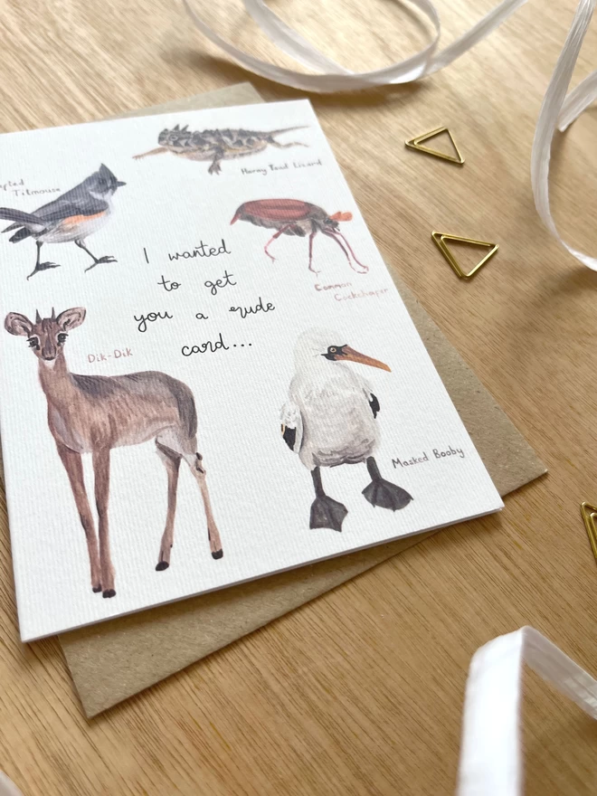 a greetings card featuring animals with funny names and the phrase “I wanted to get you a rude card”