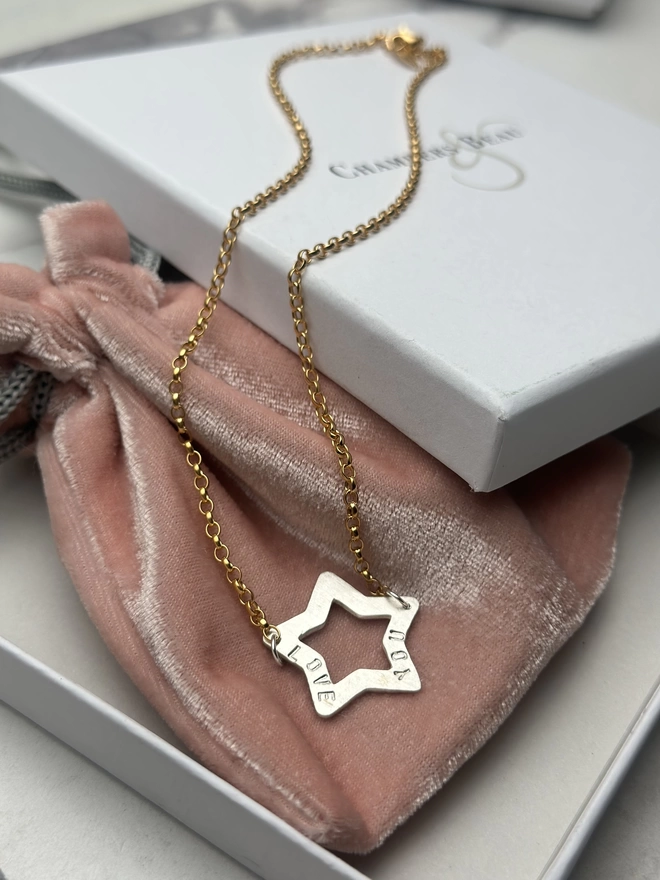 personalised sterling silver star charm on gold plate chain