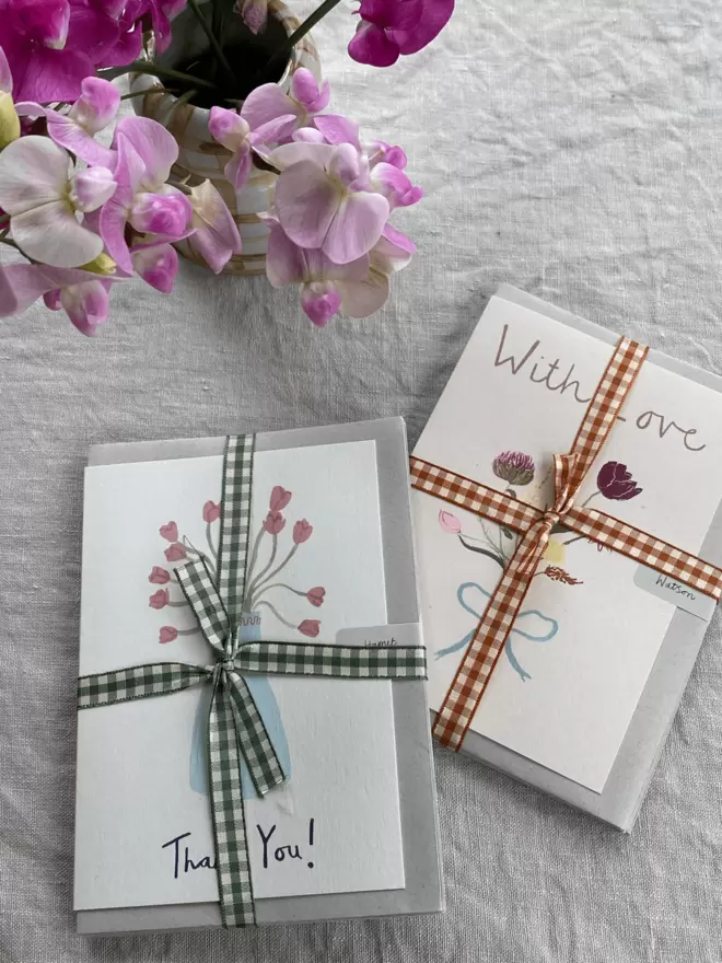 pack of thank you and with love cards in gingham ribbon. 
