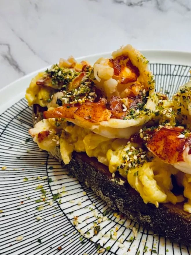 Lobster and Nori Goma on scrambled egg toast 