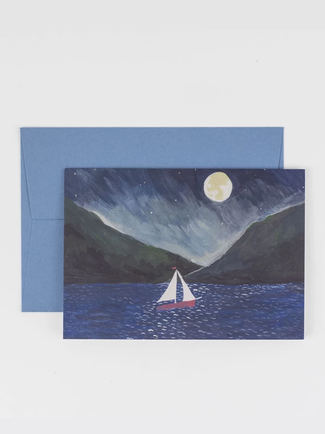 A peaceful illustration of a little red boat with white sails underneath a full moon on a smooth sea that is glittering in the moonlight.