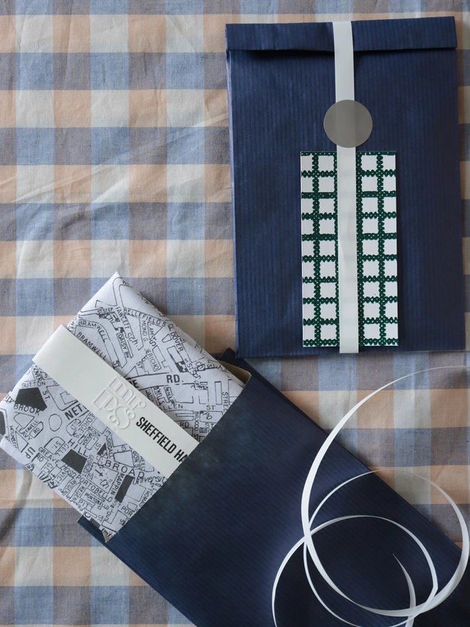 A Mr.PS Sheffield Map hankie with optional gift wrapping; navy paper, white ribbon and patterned gift card
