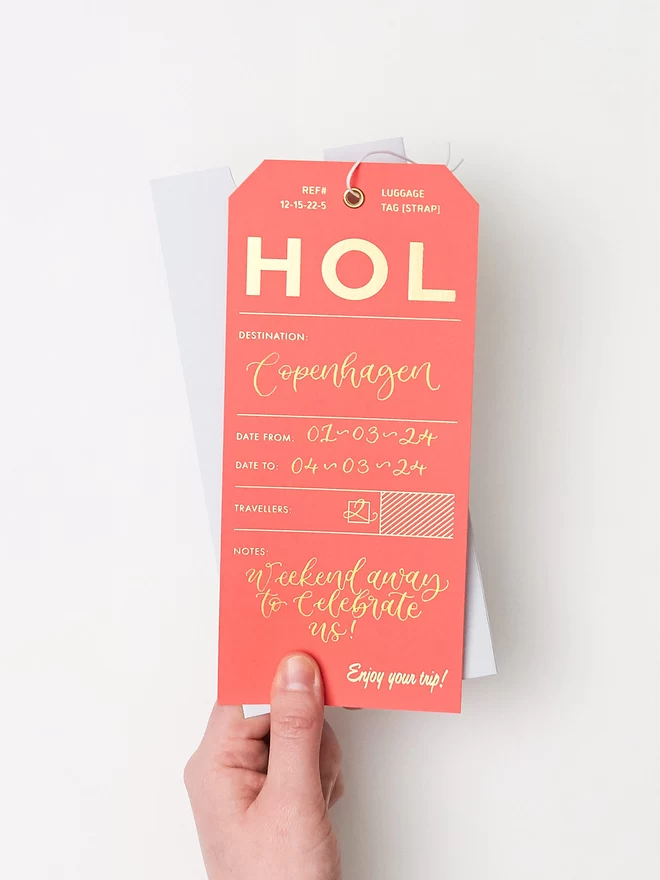 hot pink luggage tag for surprise holiday reveal
