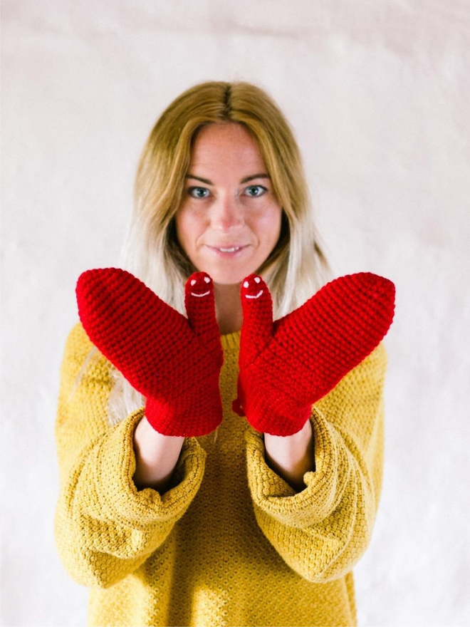 Red Smiley Face Mittens For Adults