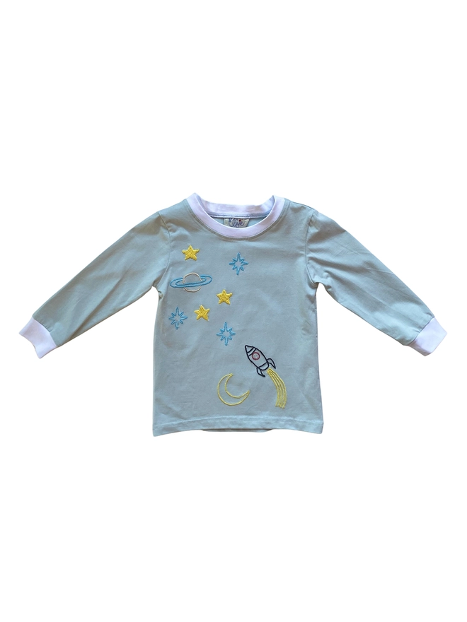 Pale blue grey pyjama top with a hand-embroidered space scene and white collar and cuffs