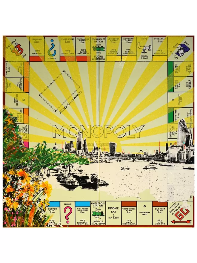 Monopoly Board with view of Blackfriars Bridge and London Skyline printed on top with yellow glitter stripes