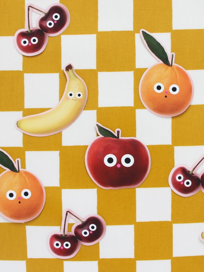Fruit vinyl stickers. Each pack Includes a Banana, Red apple, Orange & a pair of cherries