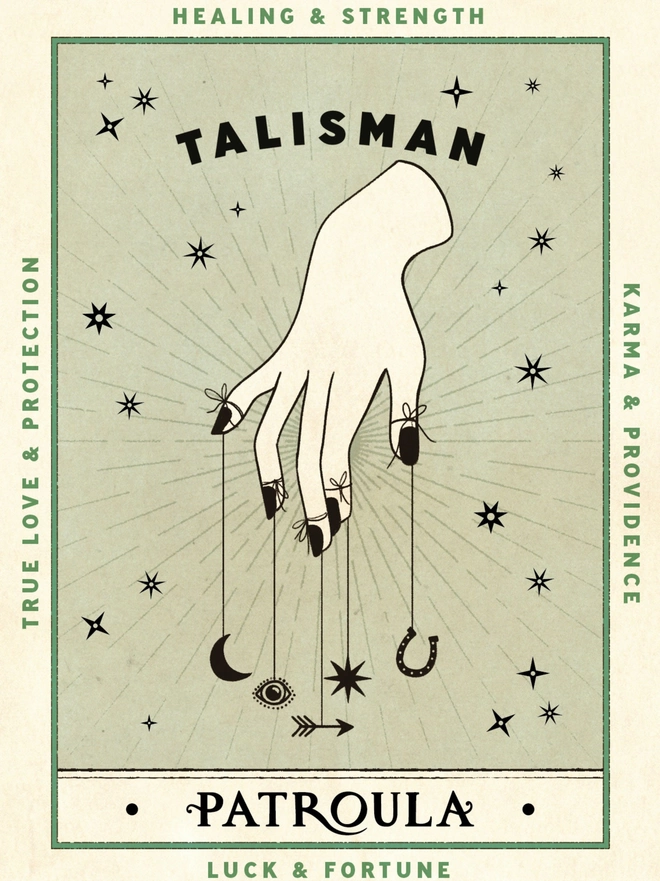 Green postcard with the word Talisman and an illustration of a hand with charms hanging from the fingertips 