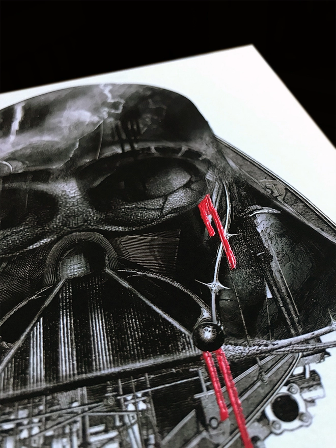 Limited edition Vader Starwars print, hand finished with red foil. 