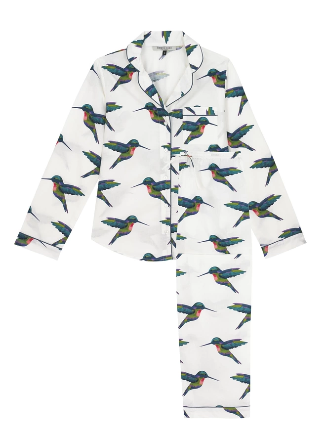 Flat shot of womens Cotton, full length, shirt and trousers Pjs, White base, multicoloured Hummingbird's in flight pattern