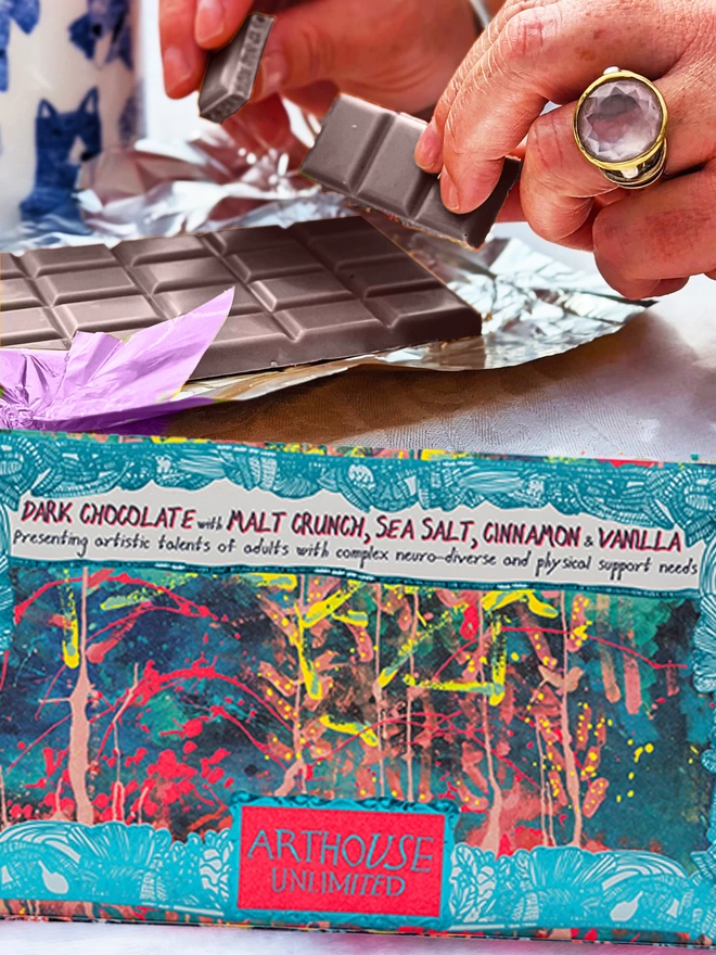Dark chocolate malt crunch sea salt cinnamon & vanilla bar wrapped in abstract card painting packaging 