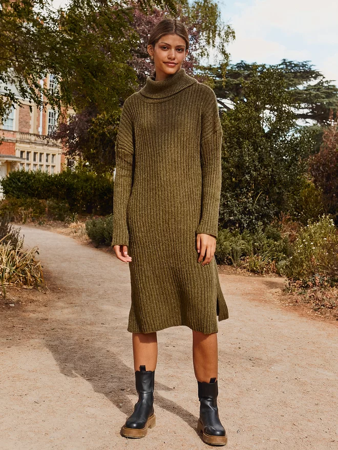 Knitted Midi Roll Neck Dress Ribbed British Made