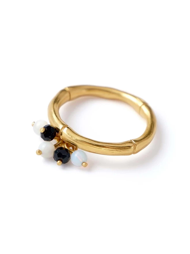 bamboo bauble ring in gold vermeil with black & white beads
