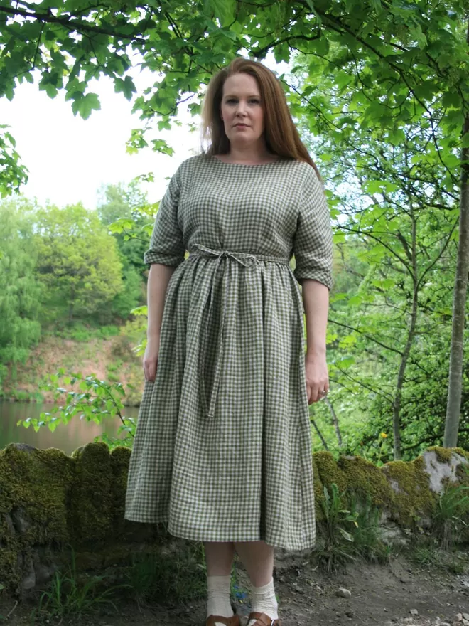 elbow  length sleeve linen midi  dress with full gathered skirt in orchard check
