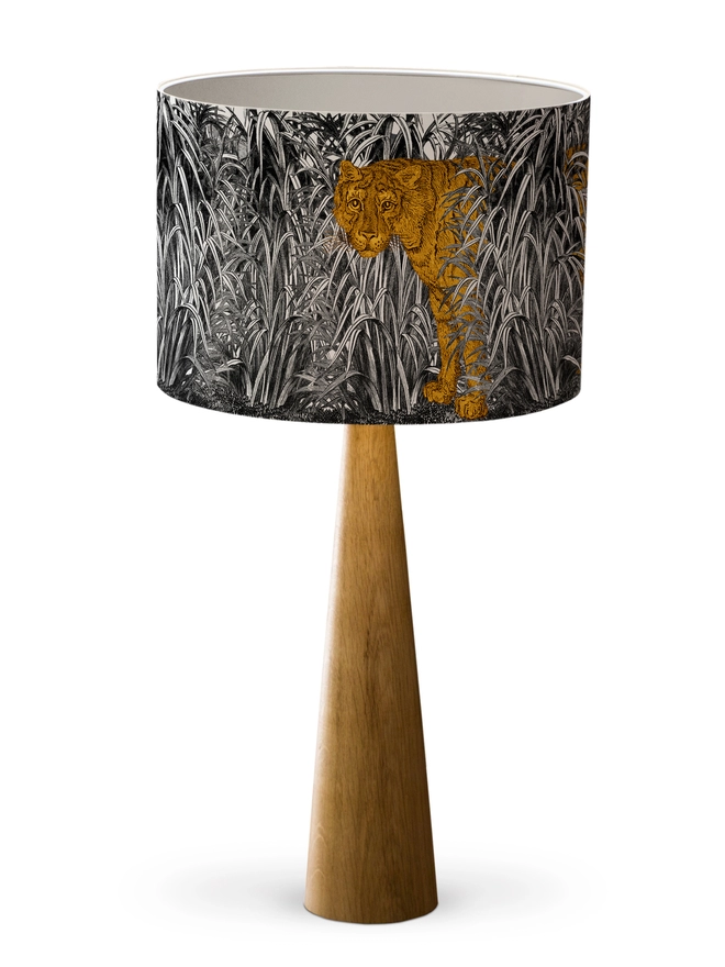 Mountain and Molehill – Tiger in leaves lampshade on wood base cut out