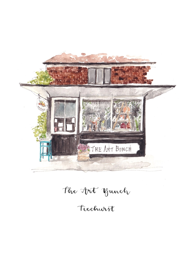 Beautiful watercolour illustration of The Art Bunch florist shop in Ticehurst.  A black and white fronted building with plants outside and in through the large window. The watercolour style is painted with a black pen outline and organic loose style with small details. The illustration sits on a white background.