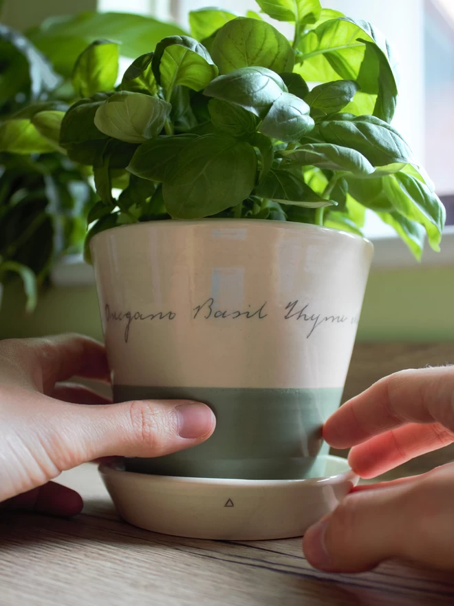handmade ceramic herb pot with handwritten herbs