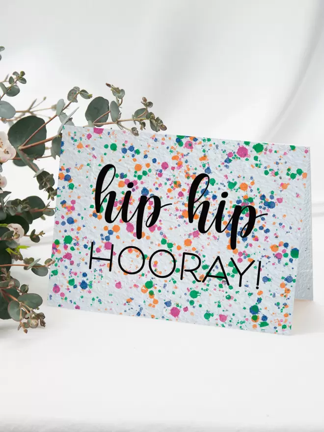 Plantable Card with ‘Hip Hip Hooray’ on a speckled background with some flowers next to the card in the background