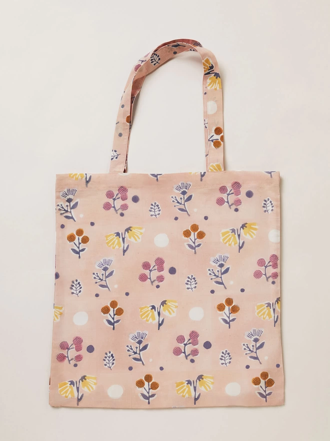 Dusty pink block printed ditsy floral tote bag
