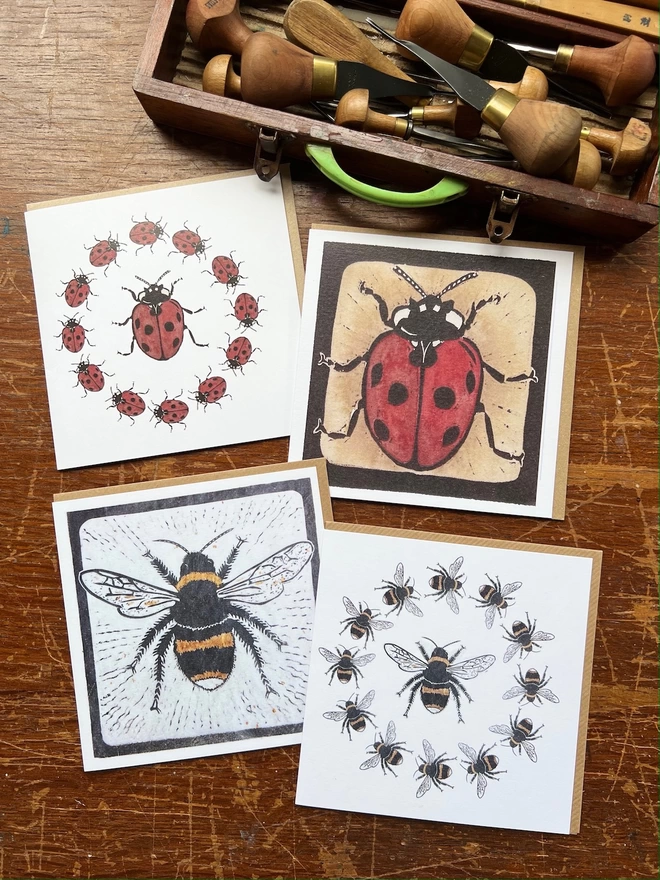 Four art cards two bee designs and two ladybird designs 