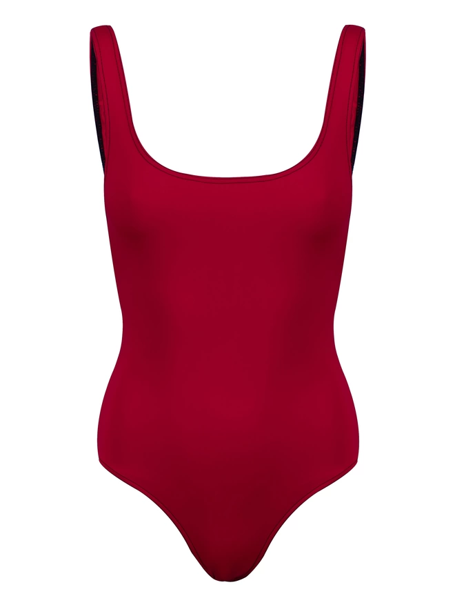 Front view of Davy J Sustainable Waterwear red classic swimsuit with cross back, on white background