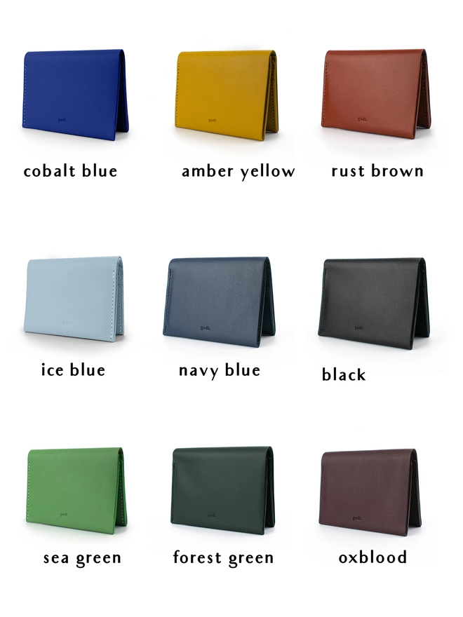 Colour Variations of Bifold Walelt with Cobalt Blue, Amber Yellow and Rust Brown on top row, Ice Blue, Navy Blue and Black in middle row and Sea Green, Dark Green and Oxblood in bottom row respectively